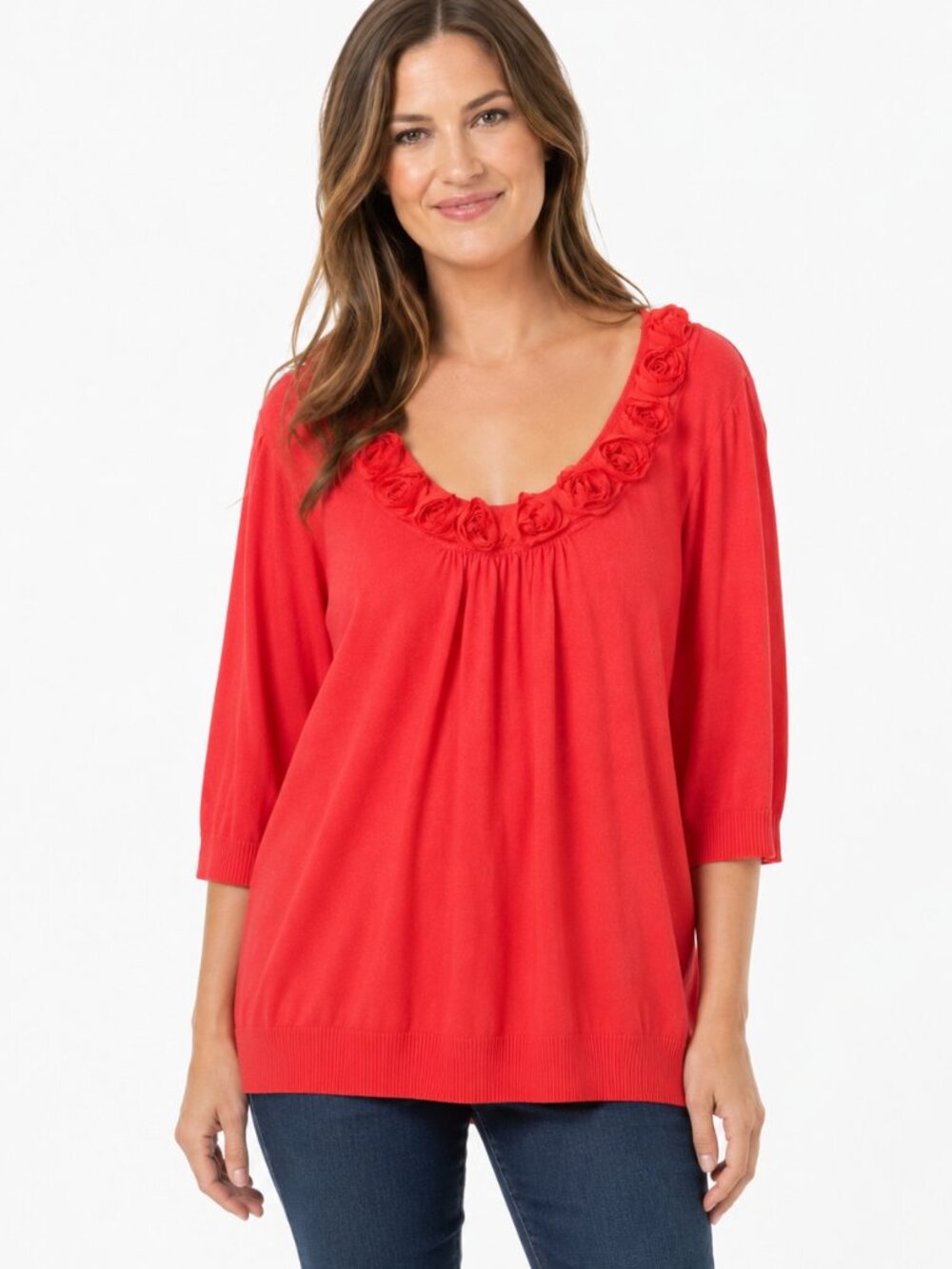 Harve Benard Rosette Applique Neckline Cottagecore Sweater Size XL Coral Pink